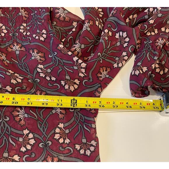 Lane Bryant Sheer Blouse Ruffle Neck Smocked Bodice Floral Burgundy Sz 20 - Picture 10 of 11
